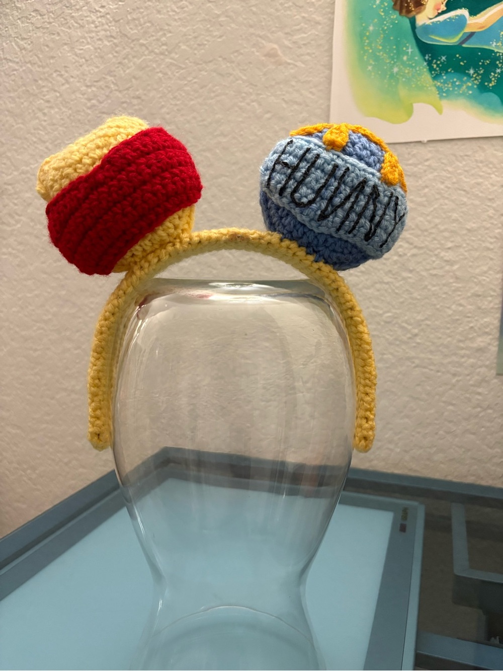 Handmade Winnie the Pooh Headband with Red and Blue Pom Accents